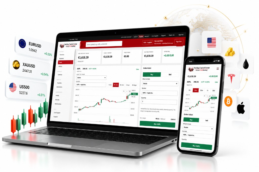 Laptop e telefono con la schermata Sterling Capital Group: conto, grafico AAPL e ordine di acquisto